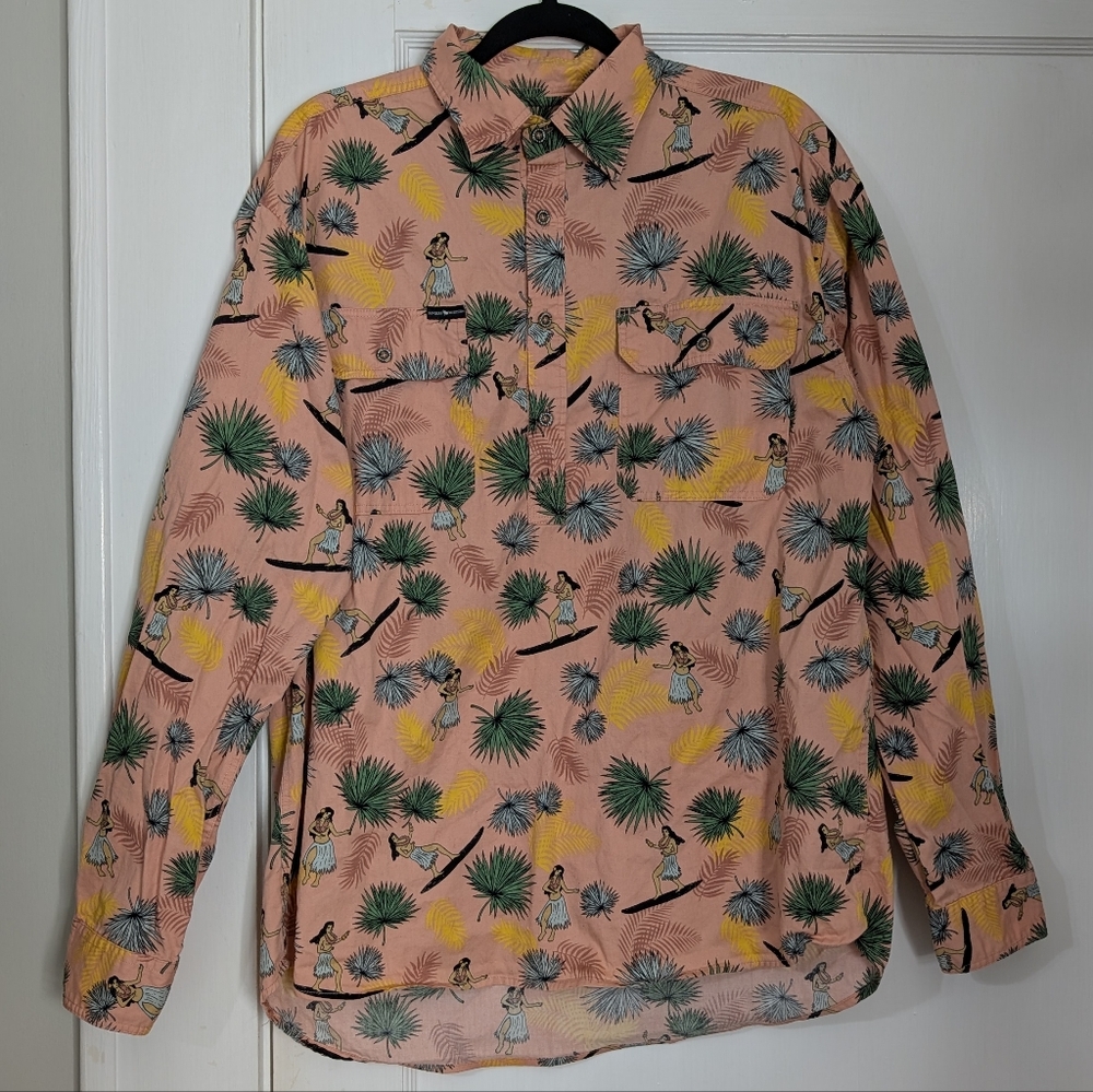 Ringers Western Loose Fit Size L Novelty Hula Girl Long Sleeve Button Up Shirr